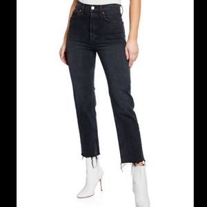 Re/Done Black Raw Hem High Rise Straight Jeans